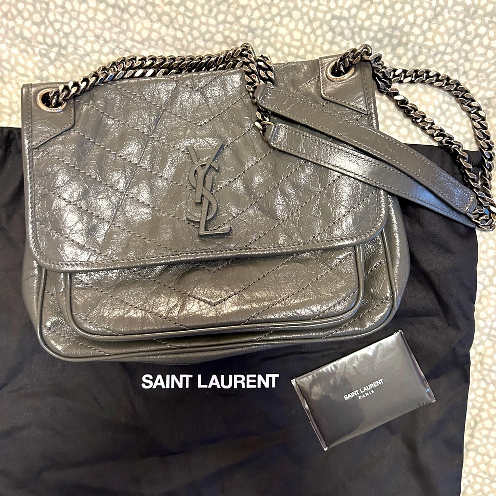Saint Laurent YSL Nikki Medium Bag Storm Grey Quilted Leather Chain Crossbody